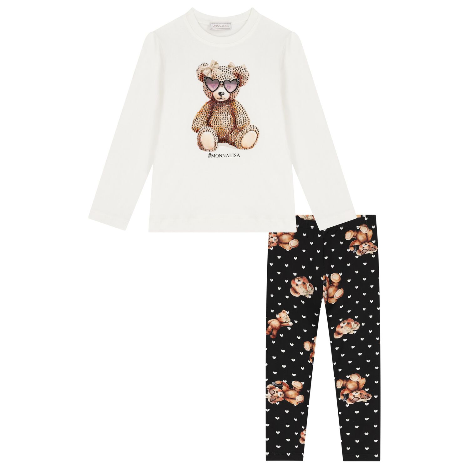 Girls Ivory & Black Teddy Bear Leggings Set, 1, hi-res
