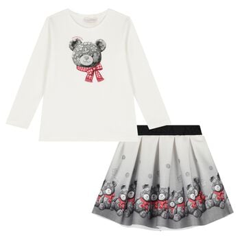 Girls Ivory & Grey Teddy Bear Skirt Set