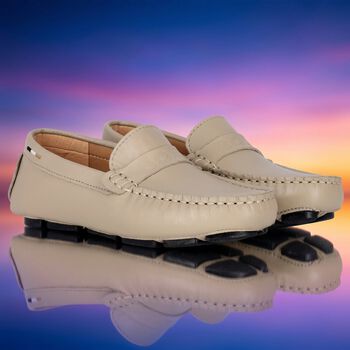 Boys Beige Logo Moccasins