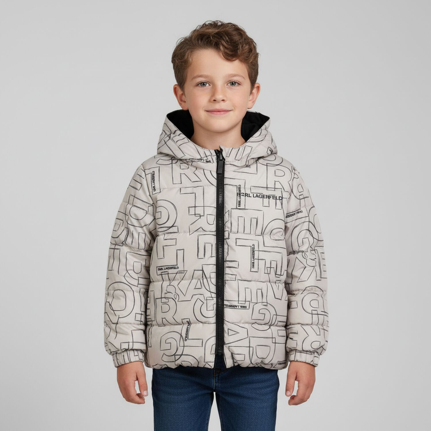 Younger Boys Beige & Black Reversible Puffer Jacket, 1, hi-res