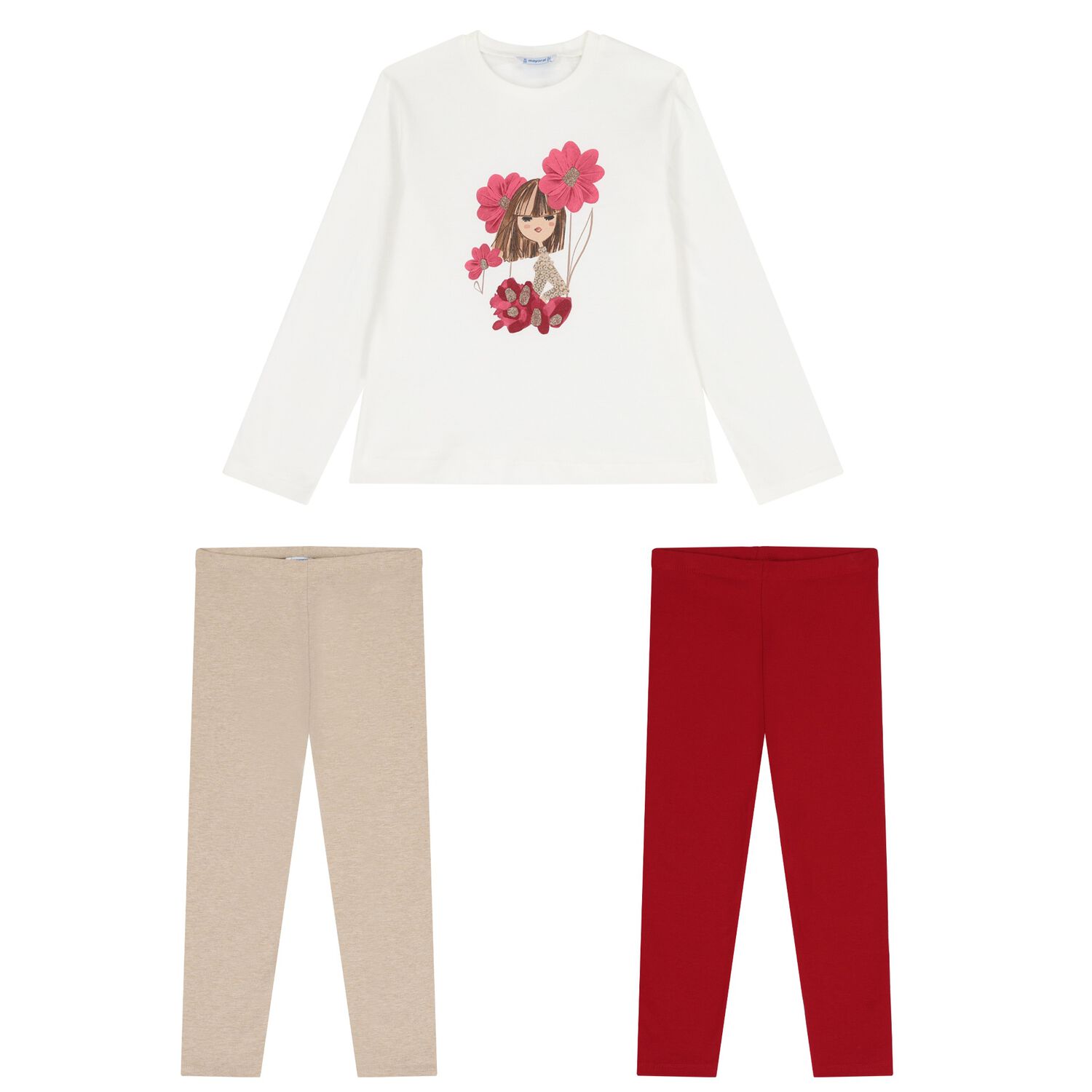 Girls Ivory, Red & Beige Leggings Set, 1, hi-res