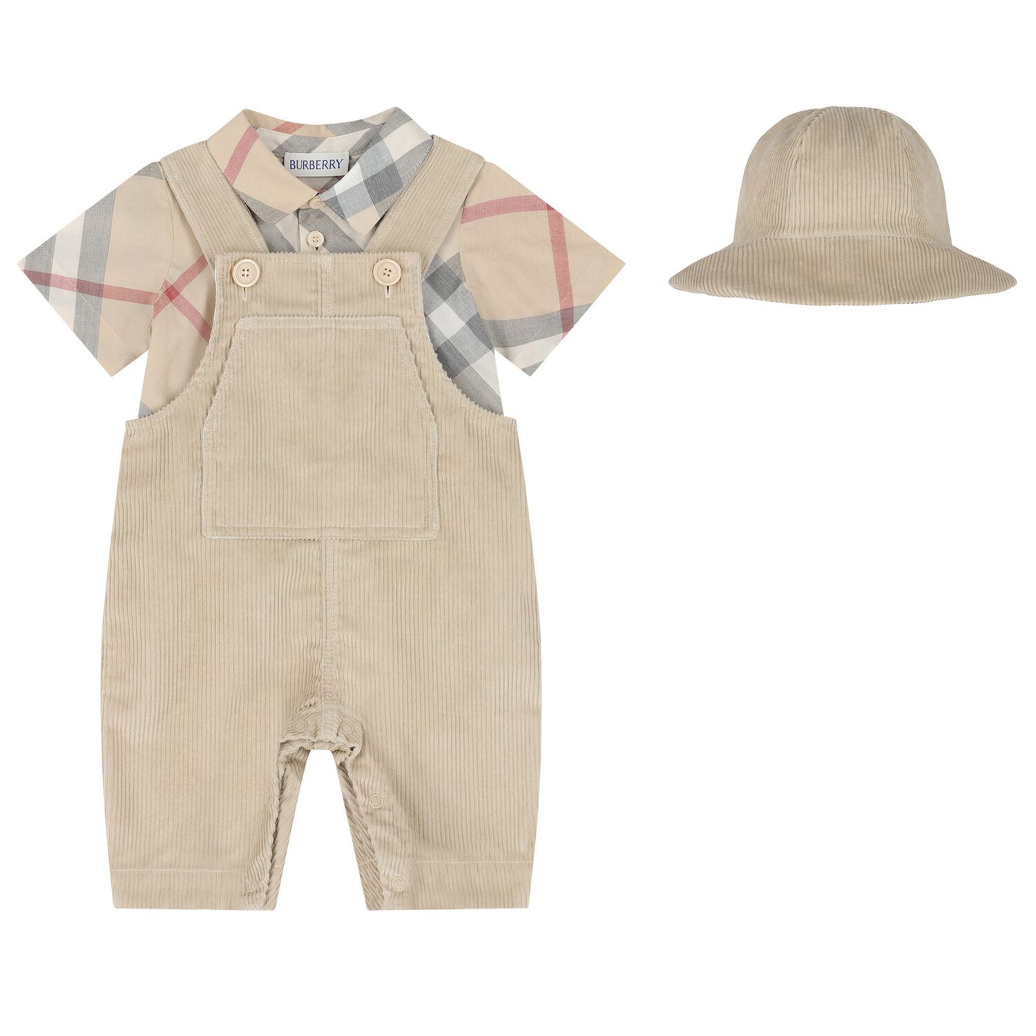 Baby Boys Beige Check Dungaree Set, 1, hi-res