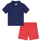 Baby Boys Navy Blue & Red Logo Shorts Set, 1, hi-res