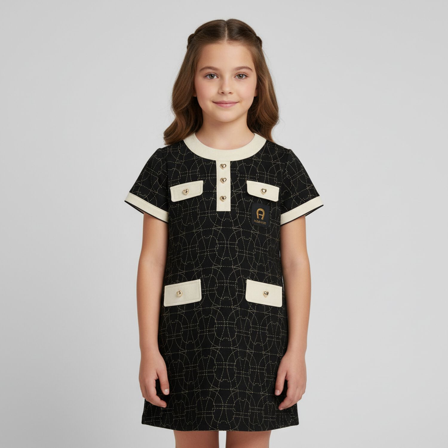 Girls Black & Ivory Logo Dress, 2, hi-res