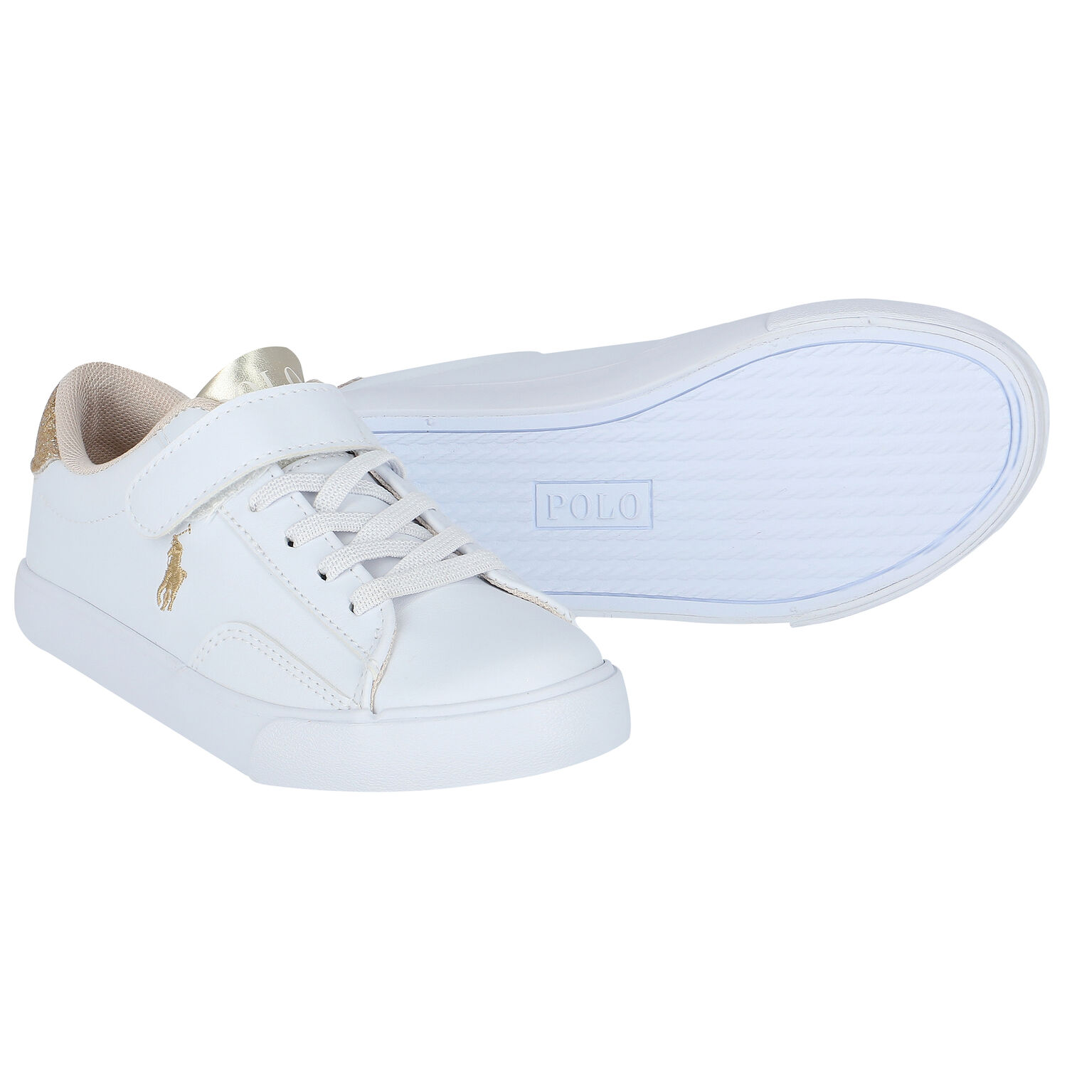 Girls White & Gold Logo Trainers, 1, hi-res