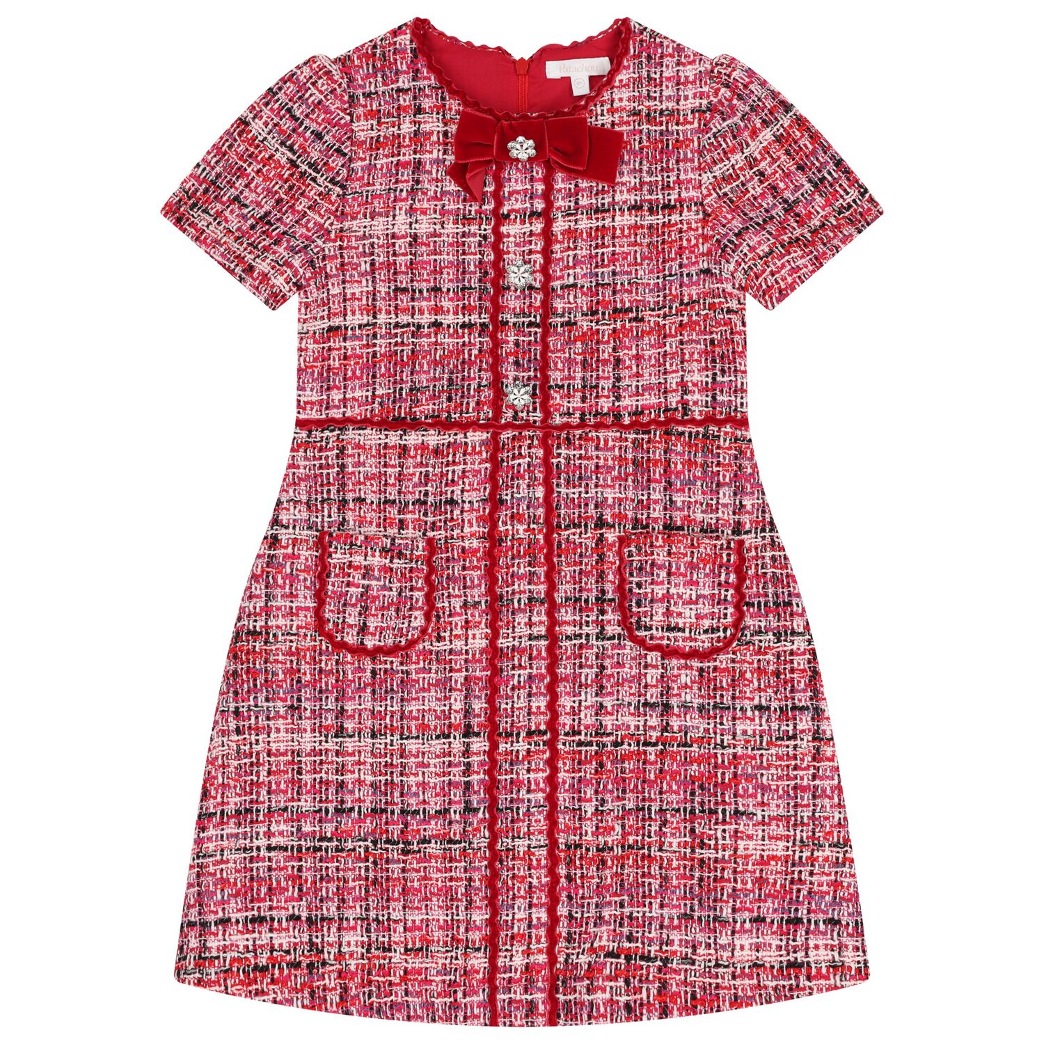 Girls Red Bow Tweed Dress, 1, hi-res
