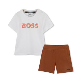 Younger Boys White & Rust Orange Shorts Set