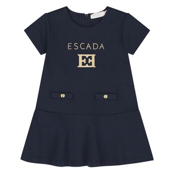 Younger Girls Navy Blue & Gold Logo Dress