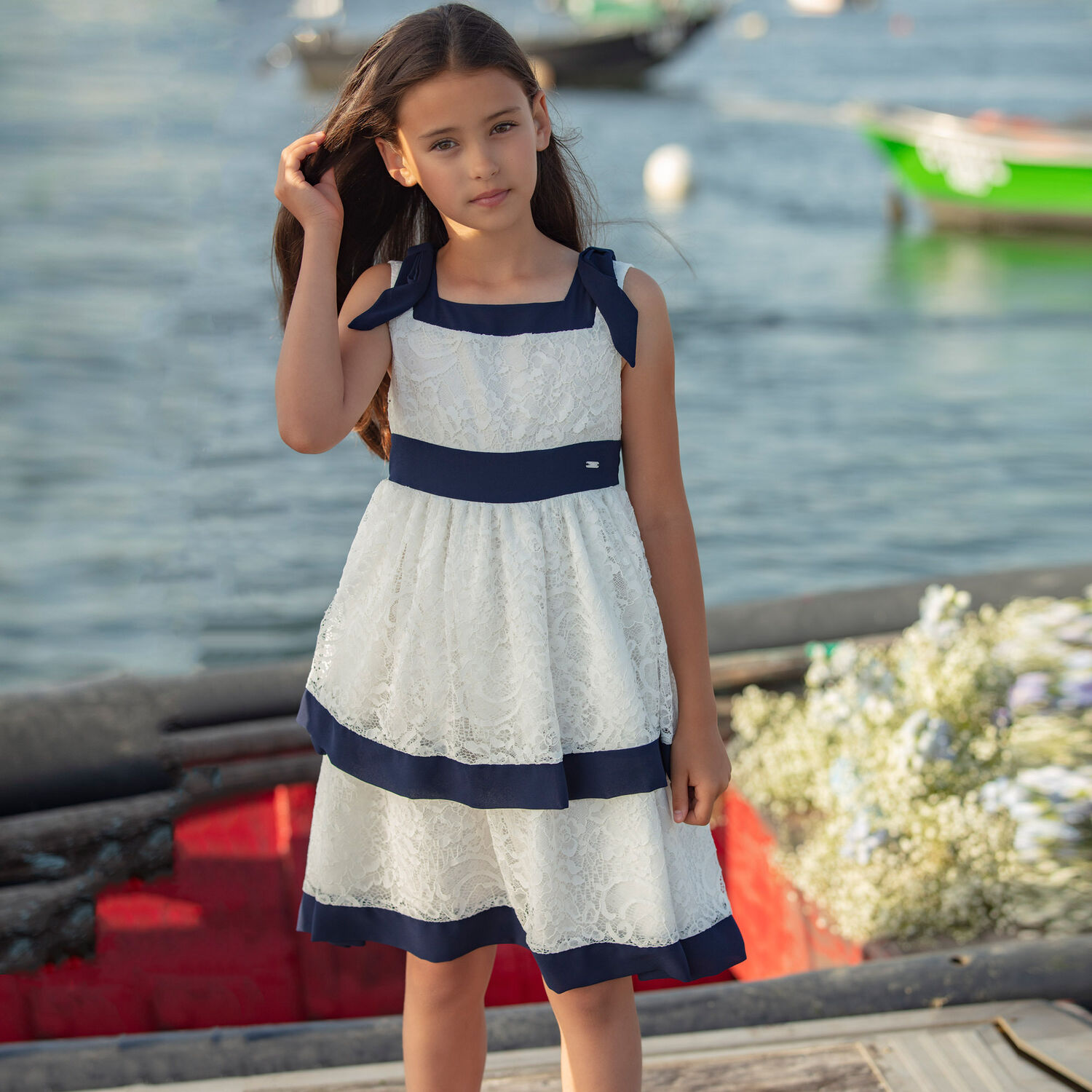 Girls White & Navy Lace Dress, 1, hi-res image number null