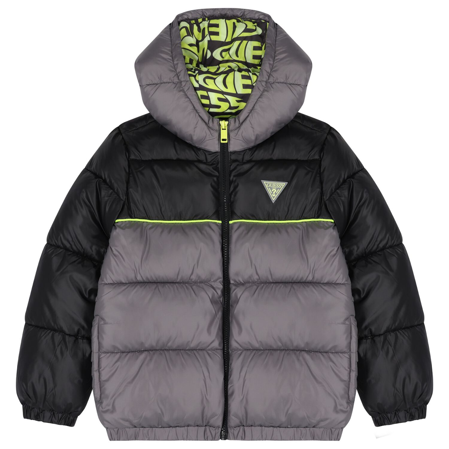 Boys Grey & Green Logo Padded Puffer Jacket, 1, hi-res image number null