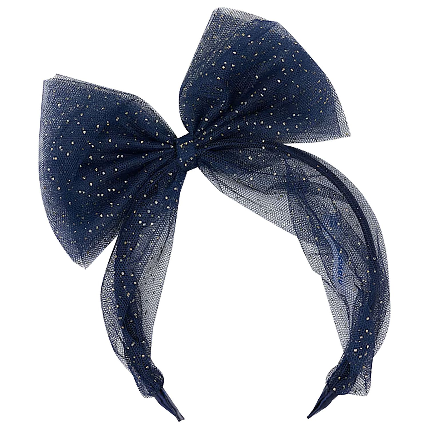 Girls Navy Blue & Gold Glitter Tulle Bow Headband, 1, hi-res