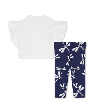 Younger Girls White & Navy Blue Dragonflies Leggings Set