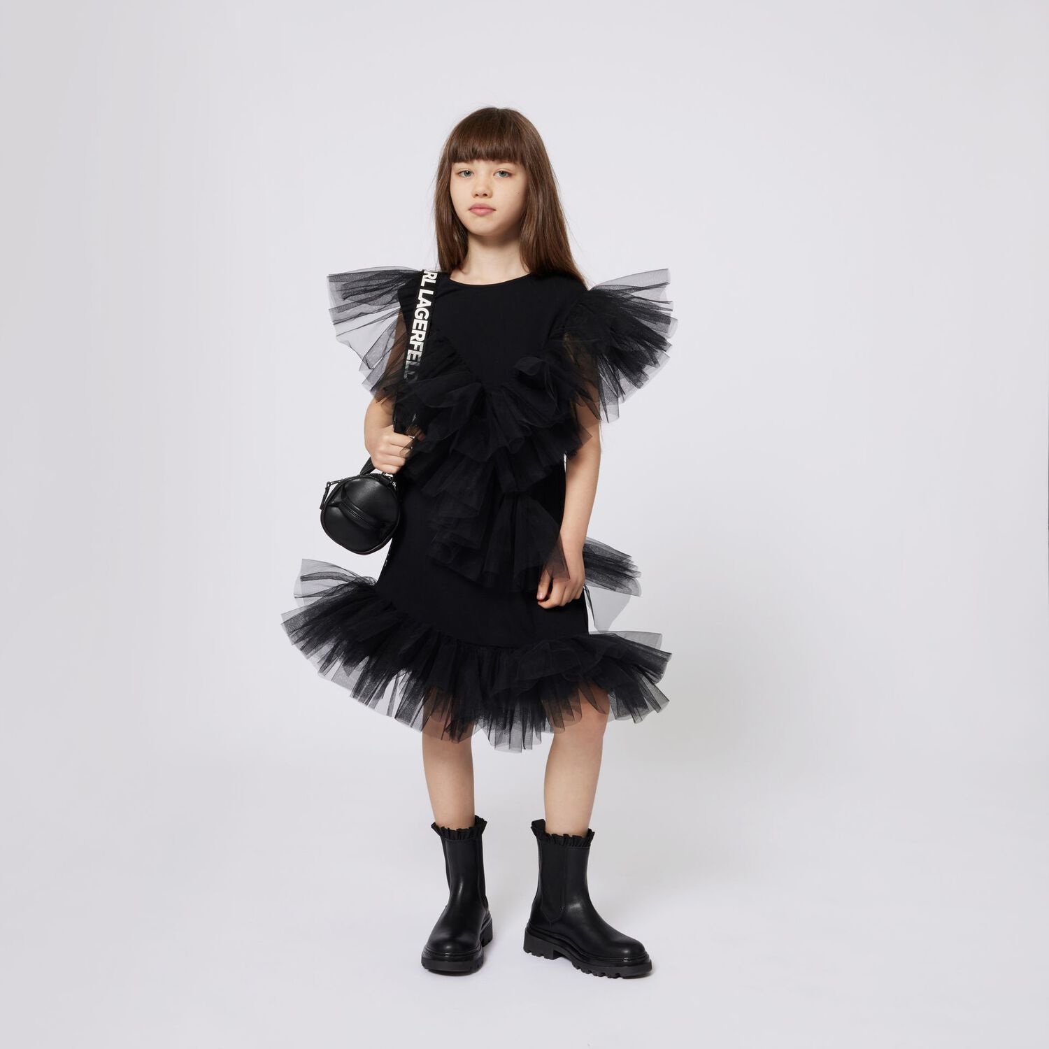 Girls Black Logo Tulle Ruffle Dress, 1, hi-res