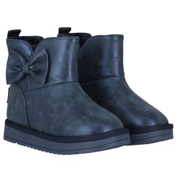 Girls Metallic Blue Faux Leather Bow Boots