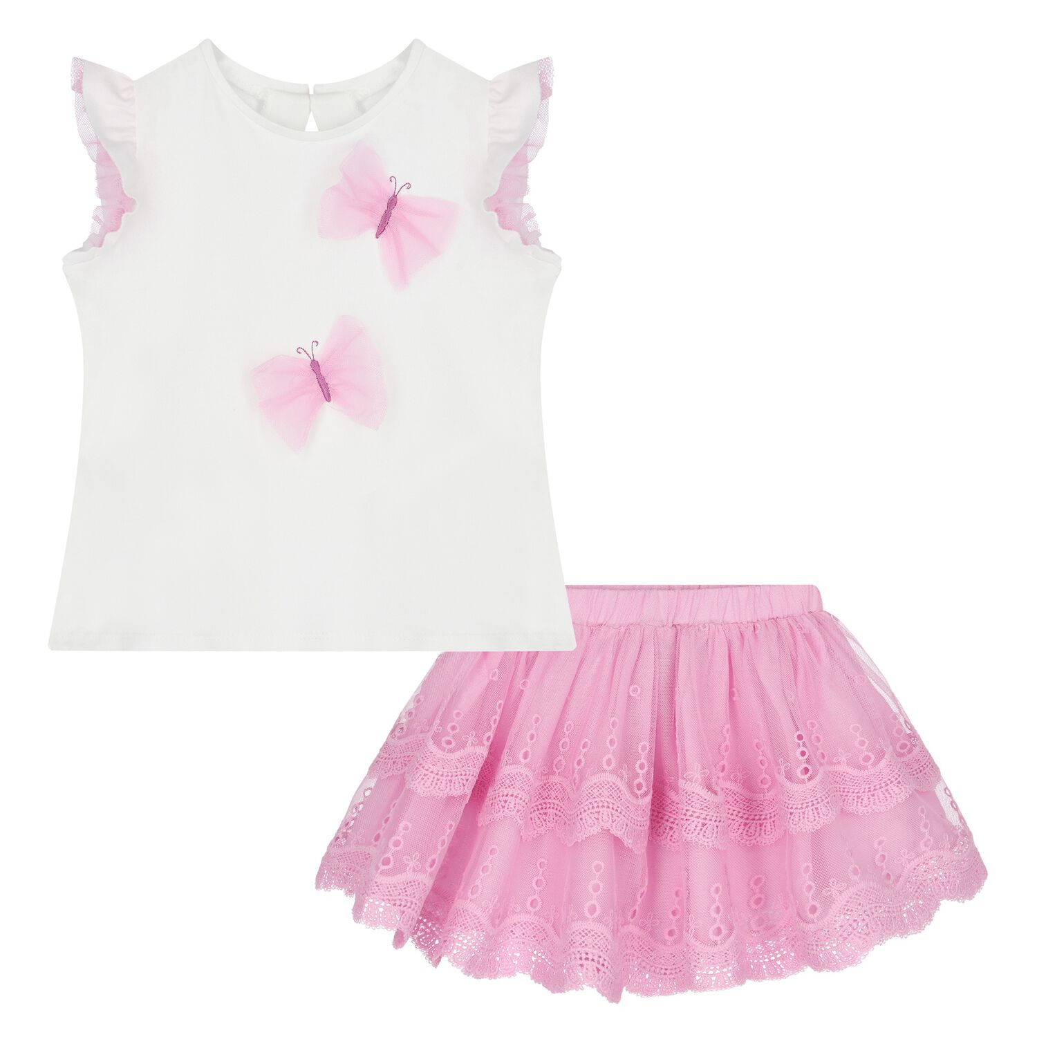 Younger Girls White & Pink Tulle Skirt Set, 1, hi-res