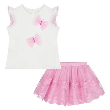 Younger Girls White & Pink Tulle Skirt Set