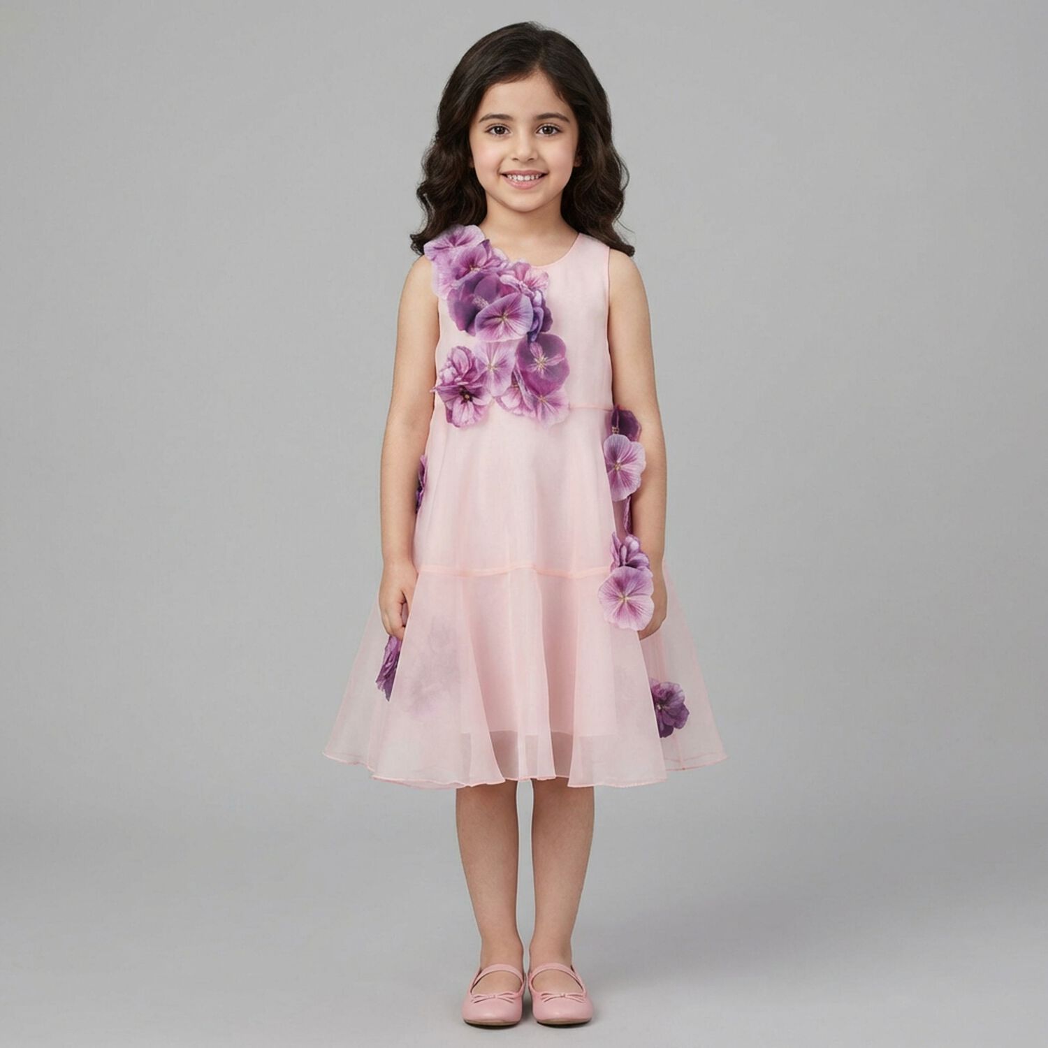 Girls Pink 3D Floral Organza Dress, 1, hi-res