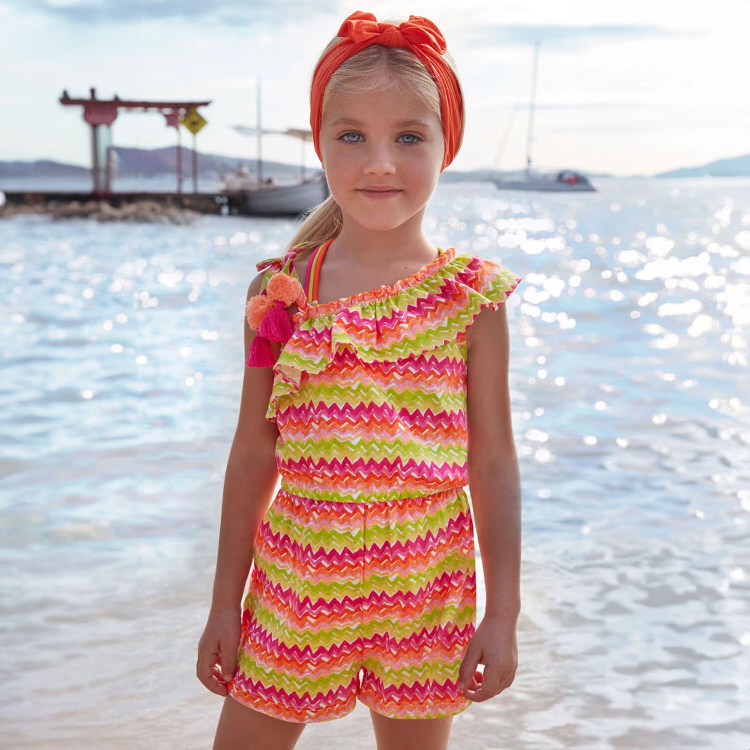Girls Orange, Pink & Green Zigzag Striped Playsuit, 1, hi-res image number null