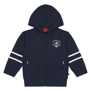 Younger Boys Navy Blue Logo Hooded Zip Up Top