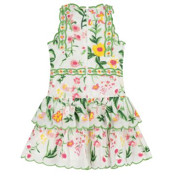Girls White & Green Embroidered Floral Dress