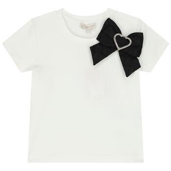 Girls White Jacquard Heart Bow T-Shirt