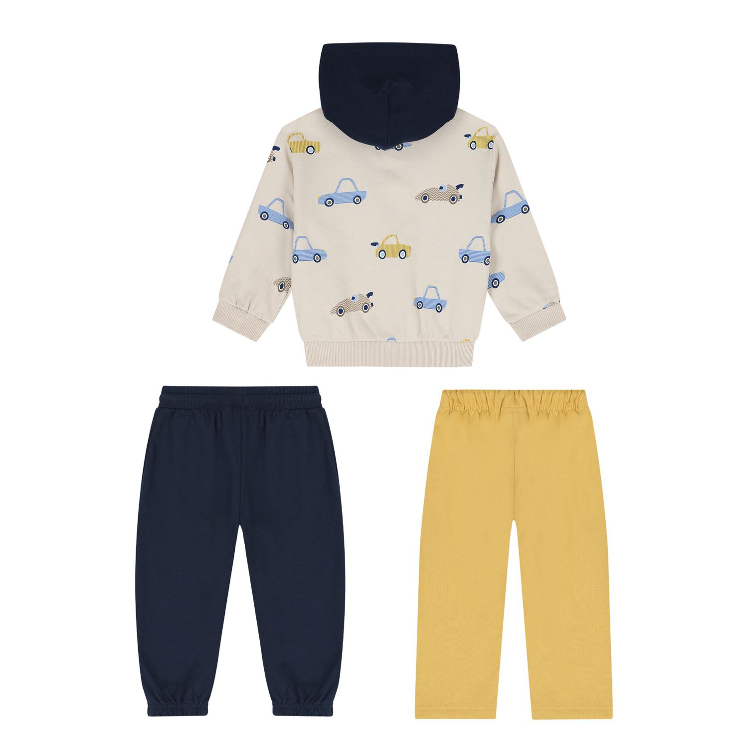 Younger Boys Beige, Yellow & Navy Blue Car Tracksuit Set, 3, hi-res