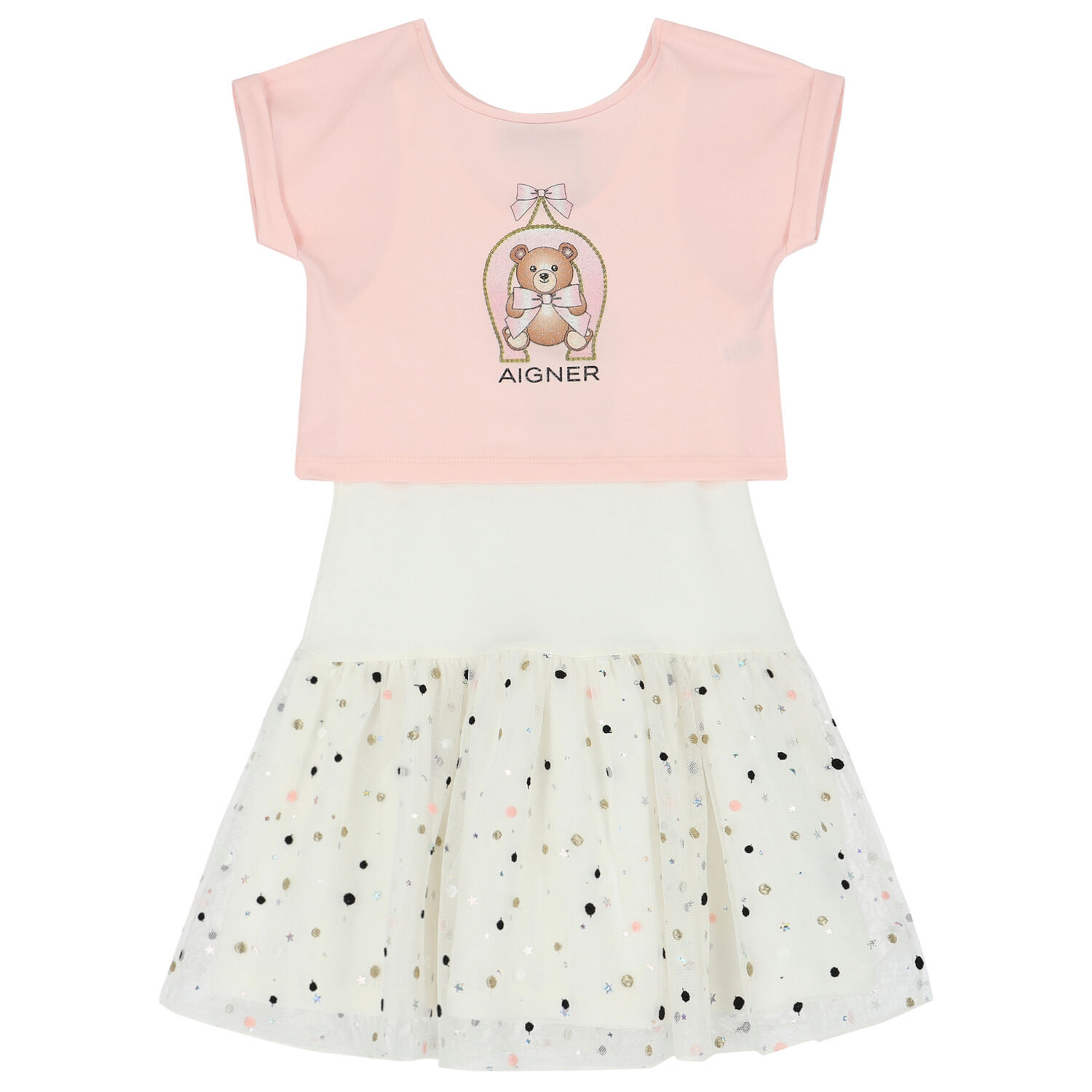 Girls Pink & White Logo Tulle Dress Set, 2, hi-res image number null