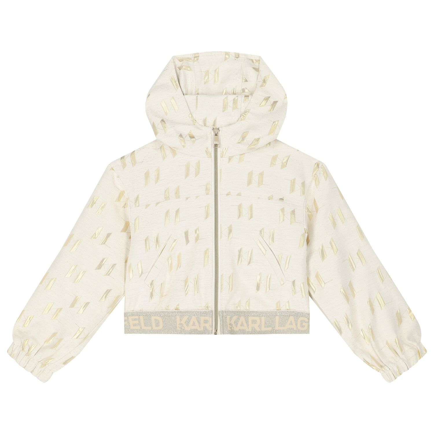 Girls Ivory & Gold Hooded Zip Up Top, 1, hi-res