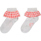 Girls White & Coral Gingham Socks, 1, hi-res