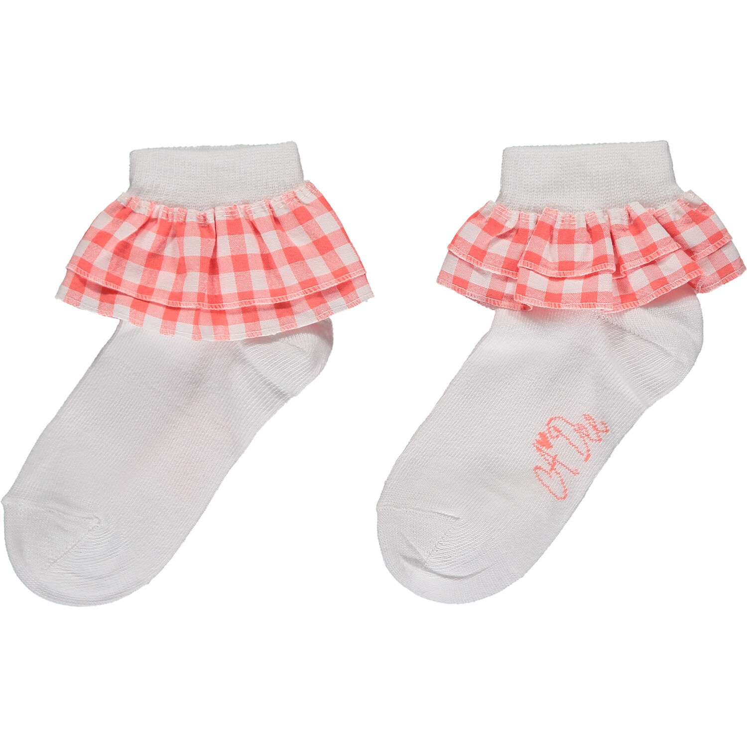 Girls White & Coral Gingham Socks, 1, hi-res