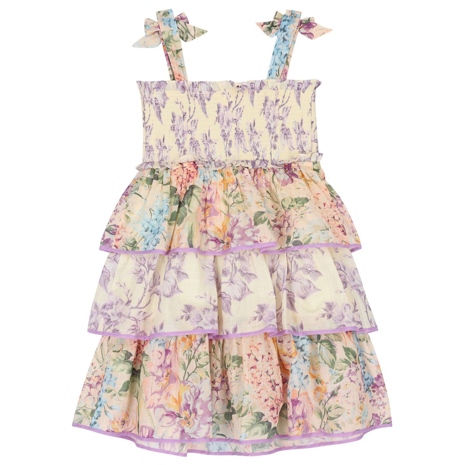 Girls Multi-Coloured Tiered Shirred Dress, 1, hi-res