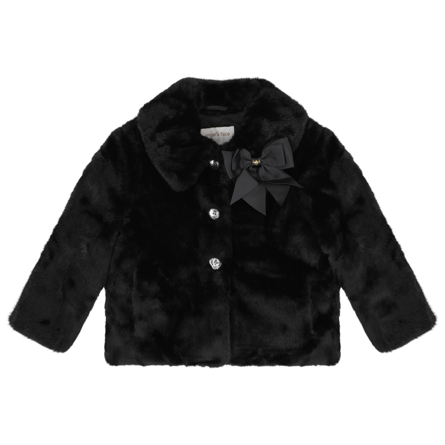 Girls Black Bow Faux Fur Jacket, 1, hi-res