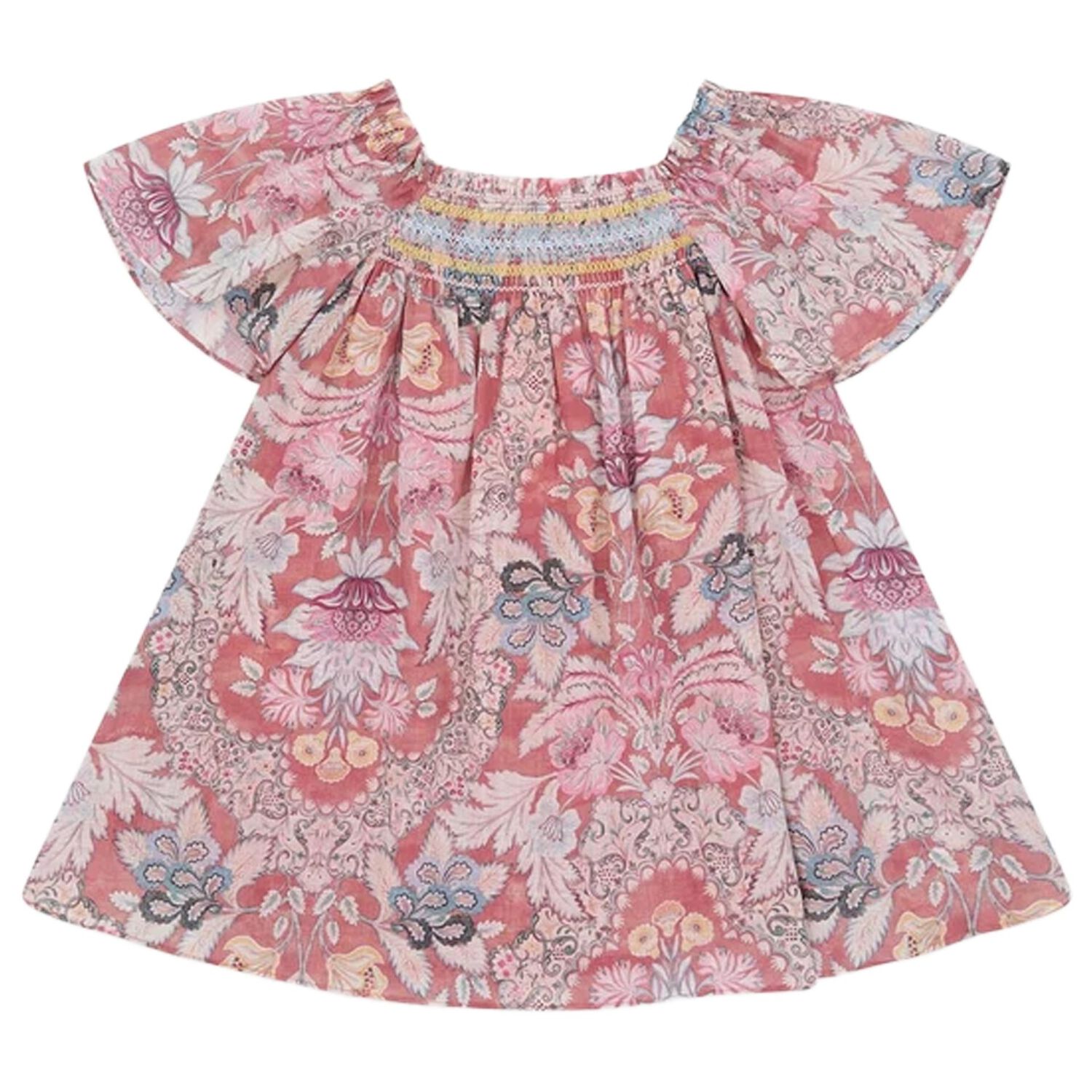 Girls Pink Floral Shirred Dress, 1, hi-res