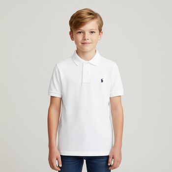 Boys White Slim Fit Logo Polo Shirt