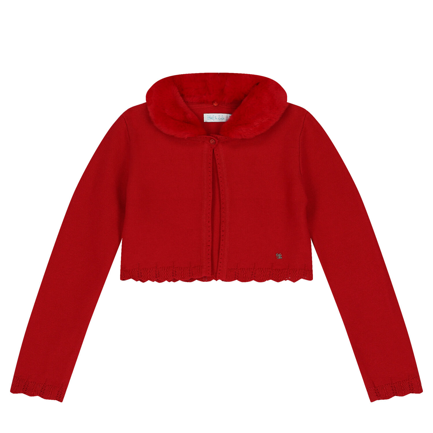 Girls Red Faux Fur Collar Cardigan, 1, hi-res