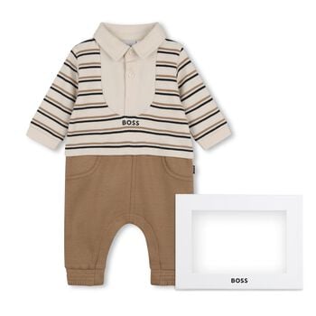 Baby Boys Beige Logo Striped Romper 