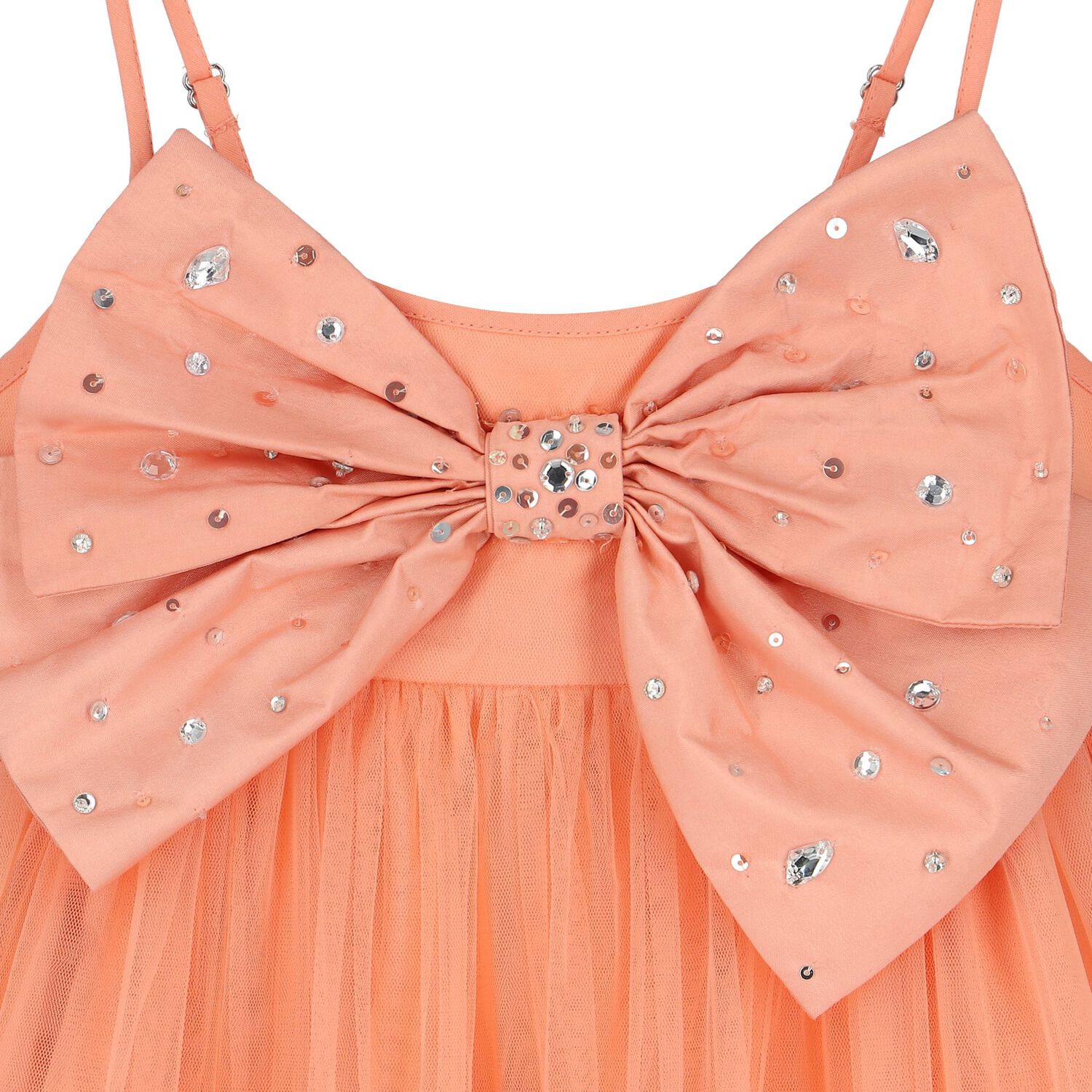 Girls Coral Bow Tulle Dress, 1, hi-res