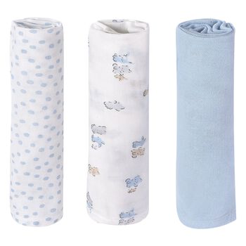 Baby Boys White & Blue Muslin Swaddles (3-Pack)