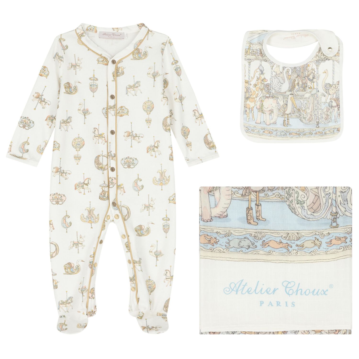 Baby Boys White & Blue Carousel Babygrow Gift Set, 2, hi-res