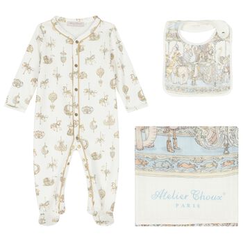 Baby Boys White & Blue Carousel Babygrow Gift Set