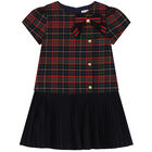 Girls Navy Blue & Red Tartan Pleated Dress, 1, hi-res