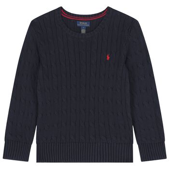 Navy Blue Logo Cable Knit Jumper