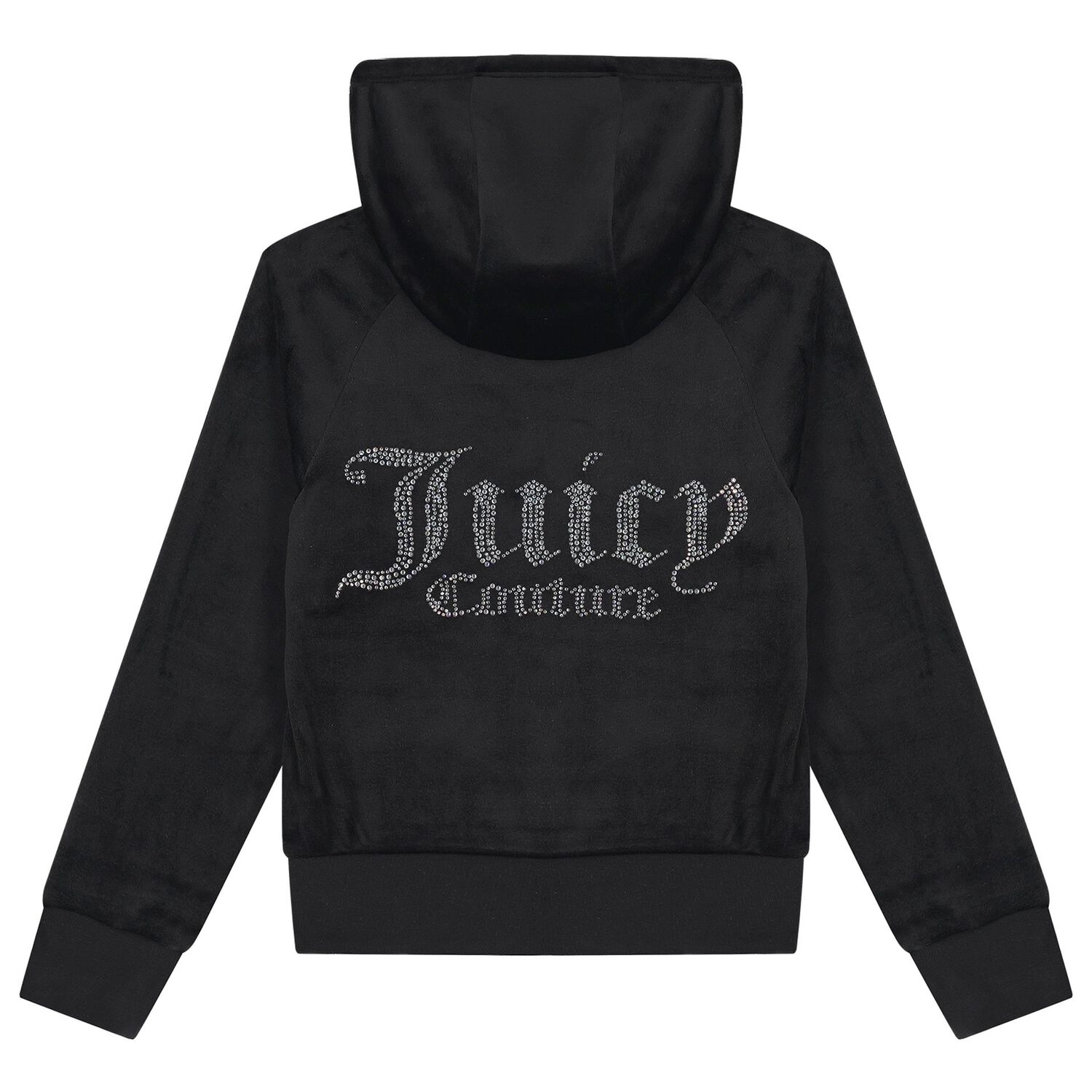 Girls Black Crystal Embellished Diamant&eacute; Logo Velour Hooded Zip Up Top, 1, hi-res