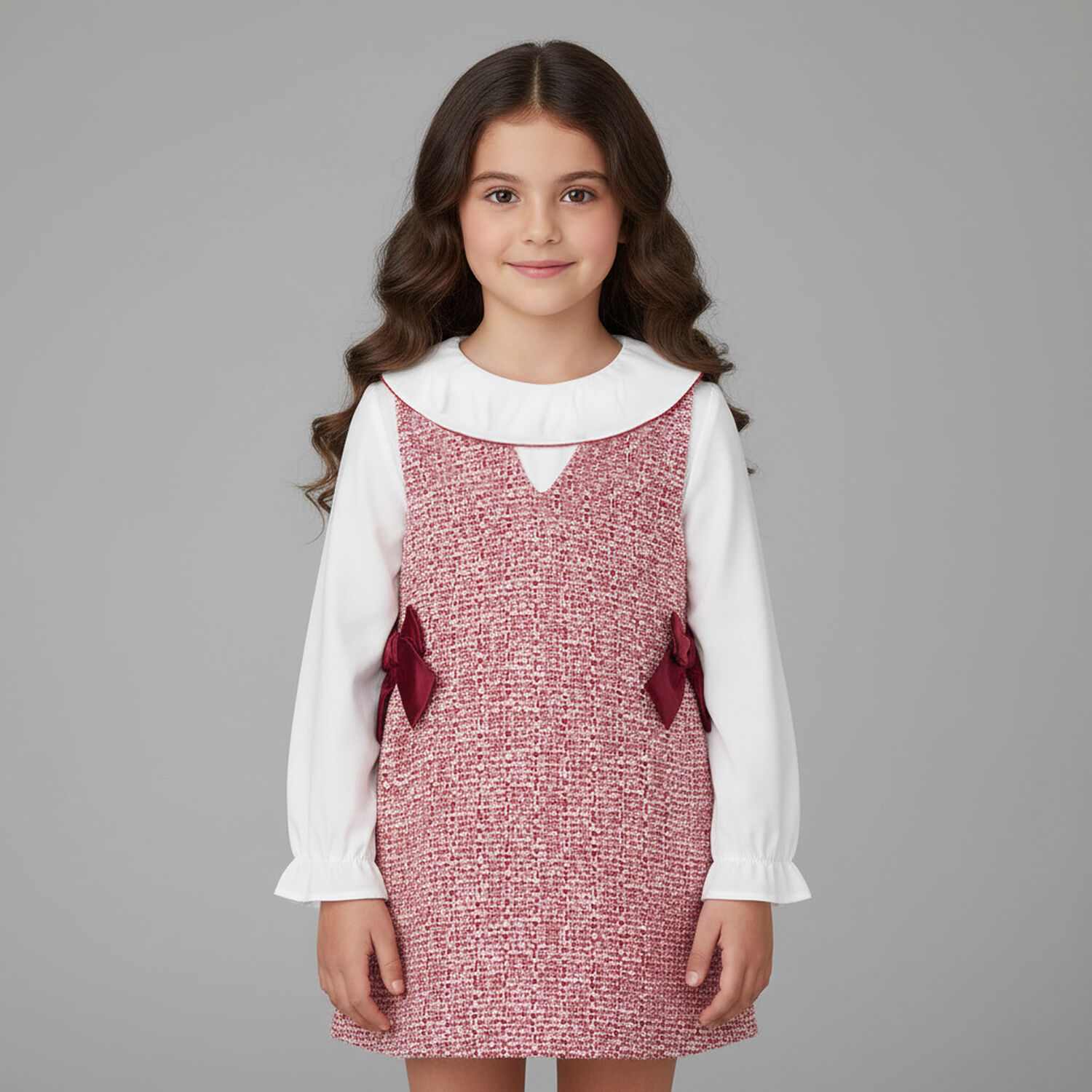 Girls White & Red Bow Dress, 1, hi-res