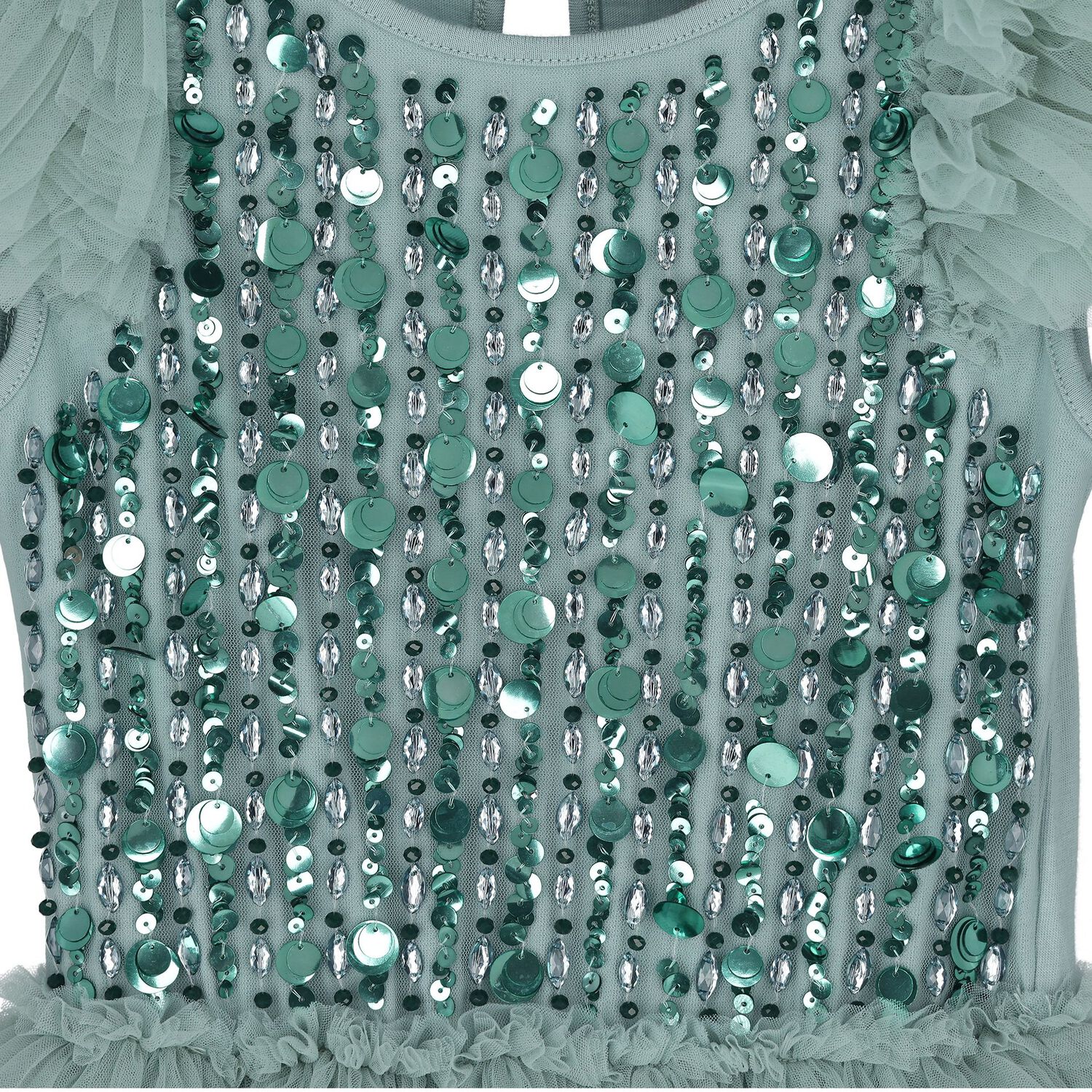Girls Green Embellished Sequin Tulle Dress, 1, hi-res