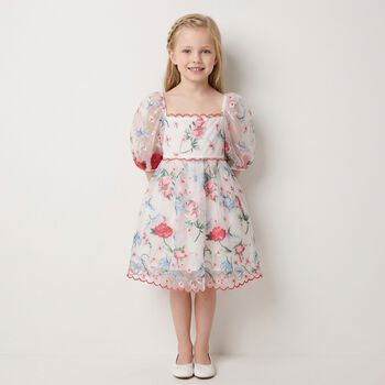 Girls Ivory & Pink Embroidered Tulle Dress 