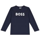 Boys Navy Blue Logo Long Sleeve Top, 3, hi-res