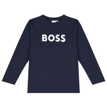 Boys Navy Blue Logo Long Sleeve Top