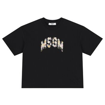 Girls Black Logo Sequin Flower T-Shirt