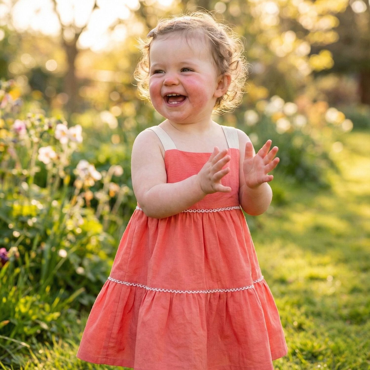 Younger Girls Coral Bow Dress, 1, hi-res